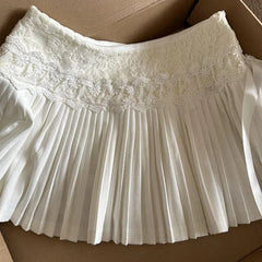Bxoxo Y2K Lace Up Mini Skirts Women Korean Fashion High Waist Preppy Lace Patchwork Pleated Skirt Sweet Lolita A Line Faldas Mujer