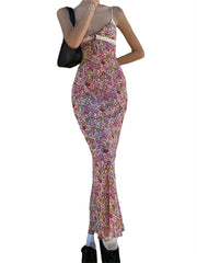 BXOXO Women Sleeveless Y2k Sexy Beach Style Camisole Dress with Flower Pattern Lace Patchwork V Neck Long Type Summer Clothing