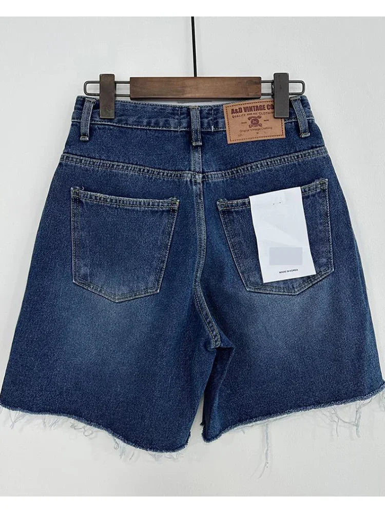 Bxoxo Summer Blue Ragged Edge Retro Versatile Denim Shorts Women's New Korean Fashion High Waist Straight Simple Women's Short Jeans