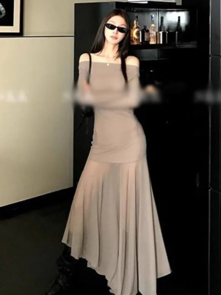 Bxoxo Sexy Vintage Elastic Women's Party Dresses 2025 Spring Summer Long Sleeve Chic Irregular Slim Waist Slash-Neck Dress Prom Robe