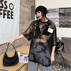 BXOXO Japanese O-neck Oversize Tee Shirt Summer Sexy See Through Mesh Lace T-shirt Y2k E-Girl Short Sleeve Bottoming Tops Women