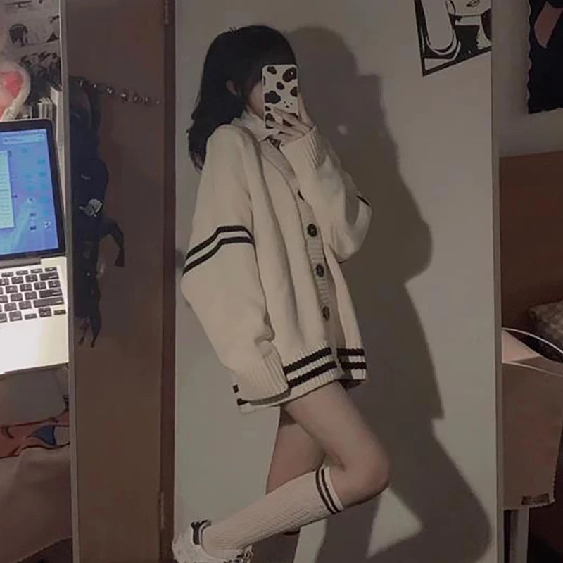 Bxoxo Striped Loose Cardigan Women Y2K Vintage Autumn Winter Single Breasted Sweater Streetwear Casual Korean Female Knitted Coat