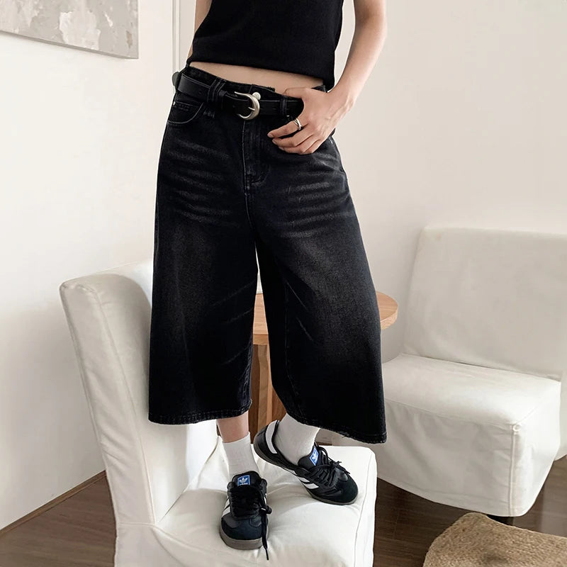 BXOXO Women Black Y2k Style Baggy Denim Shorts Wide Leg Short Pants Fashion High Waisted Dark Wash Knee Length Jeans Female Casual