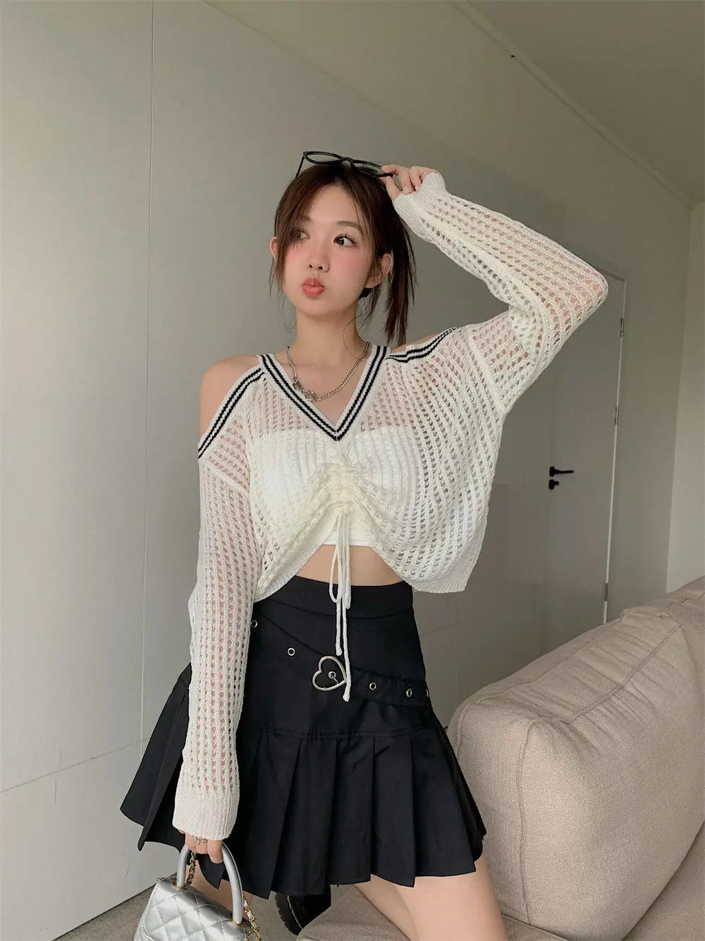 Bxoxo Off Shoulder Hollow Out Shirts Blouses Elegant and Youth Woman Blouse Drawstring Knitted V Neck Tops Vintage Y2k 2022 Fashion