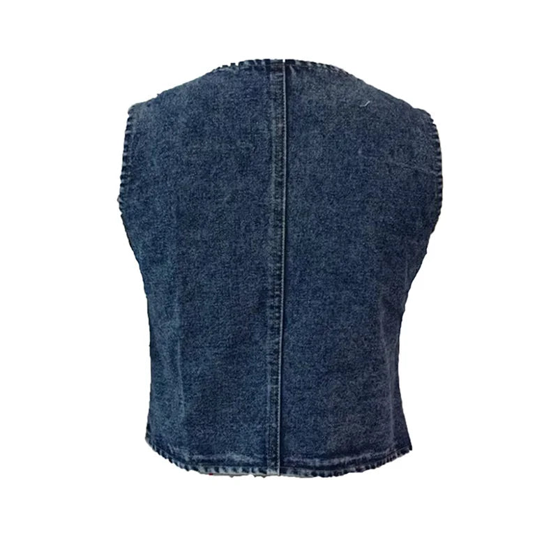 Bxoxo Denim Tank Tops for Women Summer Solid Color V Neck Single Breasted Sleeveless Jeans Vest y2k Waistcoat Streetwear