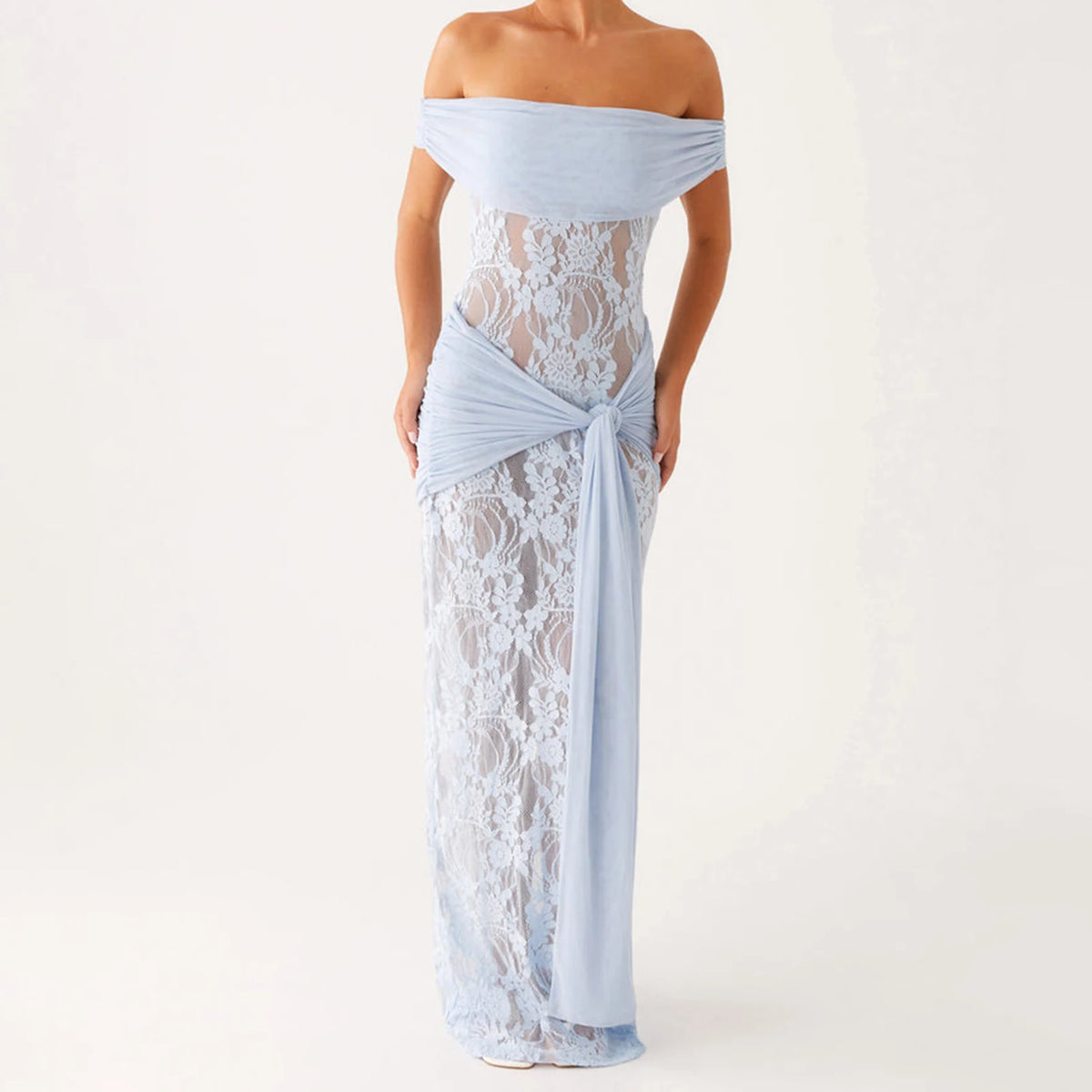 BXOXO Women Twist Maxi Dress Sexy Off Shoulder Lace Patchwork Knot Waistband Mesh Bodycon Long Dress Prom Cocktail Party