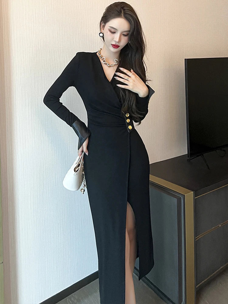 Bxoxo Spring Elegant Sexy Casual Maxi Dresses for Women Black Brown Slit Long Robe Femme Office Party Street Clothing Vestidos