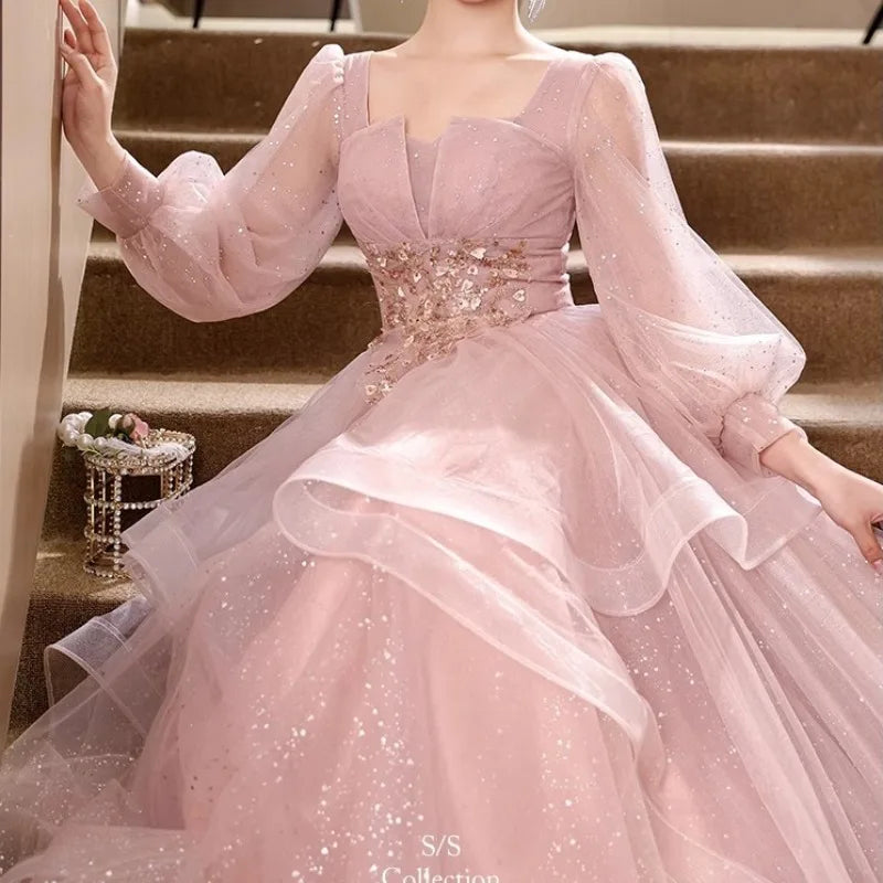 BXOXO CustomizedShiny Pink Tulle Evening Dresses Elegant Banquet Party Long Sleeve Dresses Engagement Luxury Square Collar Appliques B