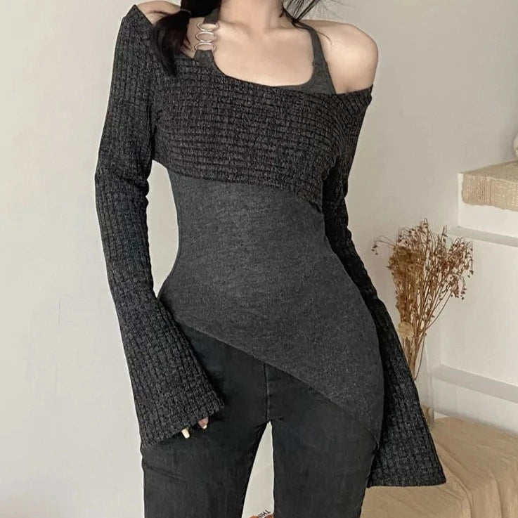 BXOXO Elegant Simple Solid Color Fake Two Pieces Casual Knitted Elastic Breathable Women's Long Top