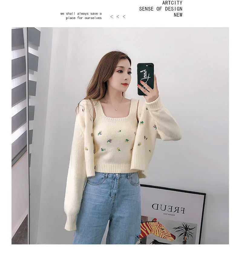 Bxoxo Two-piece Top Suit Flower Embroidered Knitted Korean Style Cardigan Autumn Fashion Sling Sweater Slim Sweet Jacket Sets