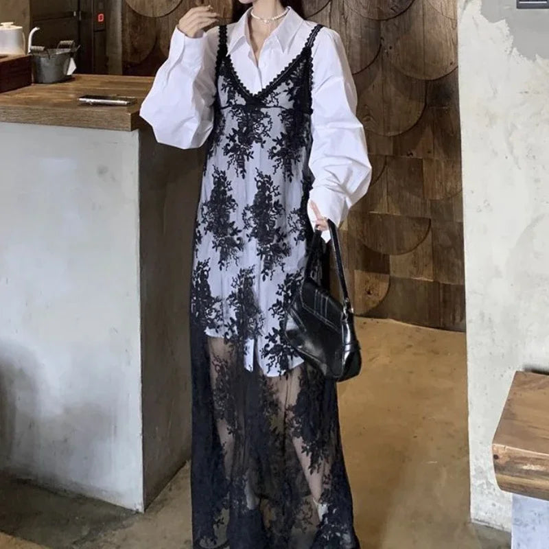 Bxoxo Lace Floral Transparent Dresses Women Black Sexy Long Dress Korean Sleeveless Holiday Dress Vacation Streetwear Party