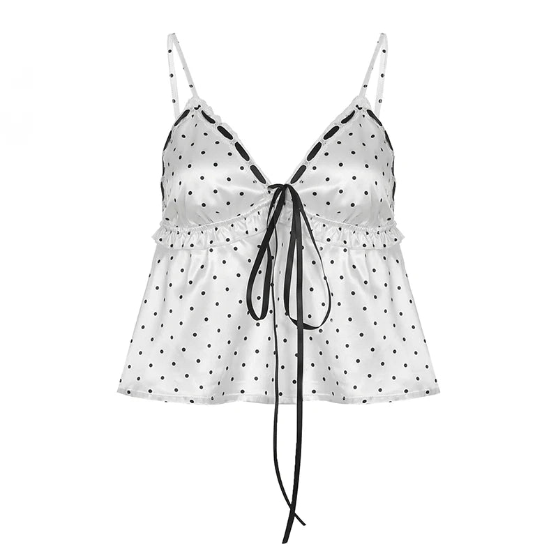 BXOXO Cute Ruched Stitching Camis Women Summer Casual Loose A-line Crop Tops Kawaii Lace-up Bow Patchwork V-neck Tees Aesthetic