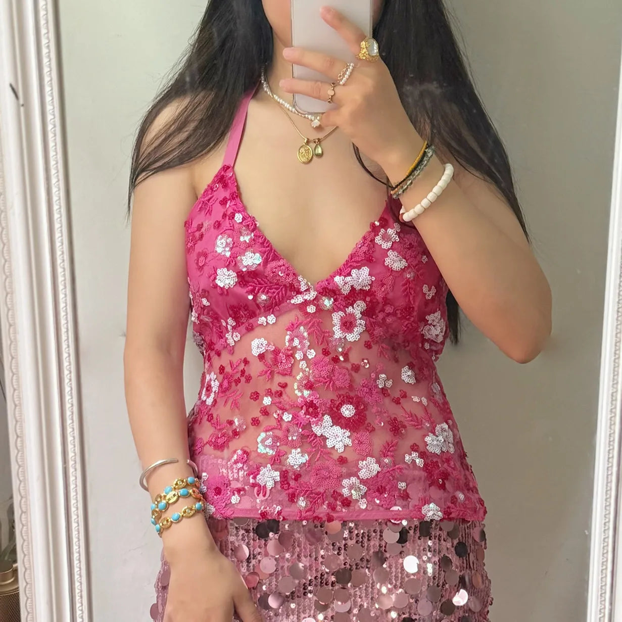 BXOXO Sequin Halter Top for Women Sexy Deep V Neck Beaded Tops Sparkly Glitter Tank Top Going Out Rave Outfits Party Clubwear