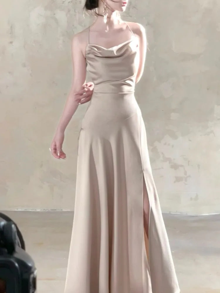Bxoxo Women's Sexy Party Elegant Pleated Dress 2025 French New Fashion Vacation Evening Solid Satin Split Sleeveless Long Dress Summer