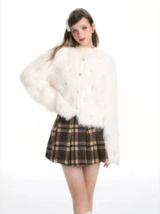 Bxoxo Sweet Faux Mink Fleece Cardigan Sweater Women Korean Chic Beading Thick Fur Coat Y2K Korean Loose Long Sleeve Hairy Sweater New