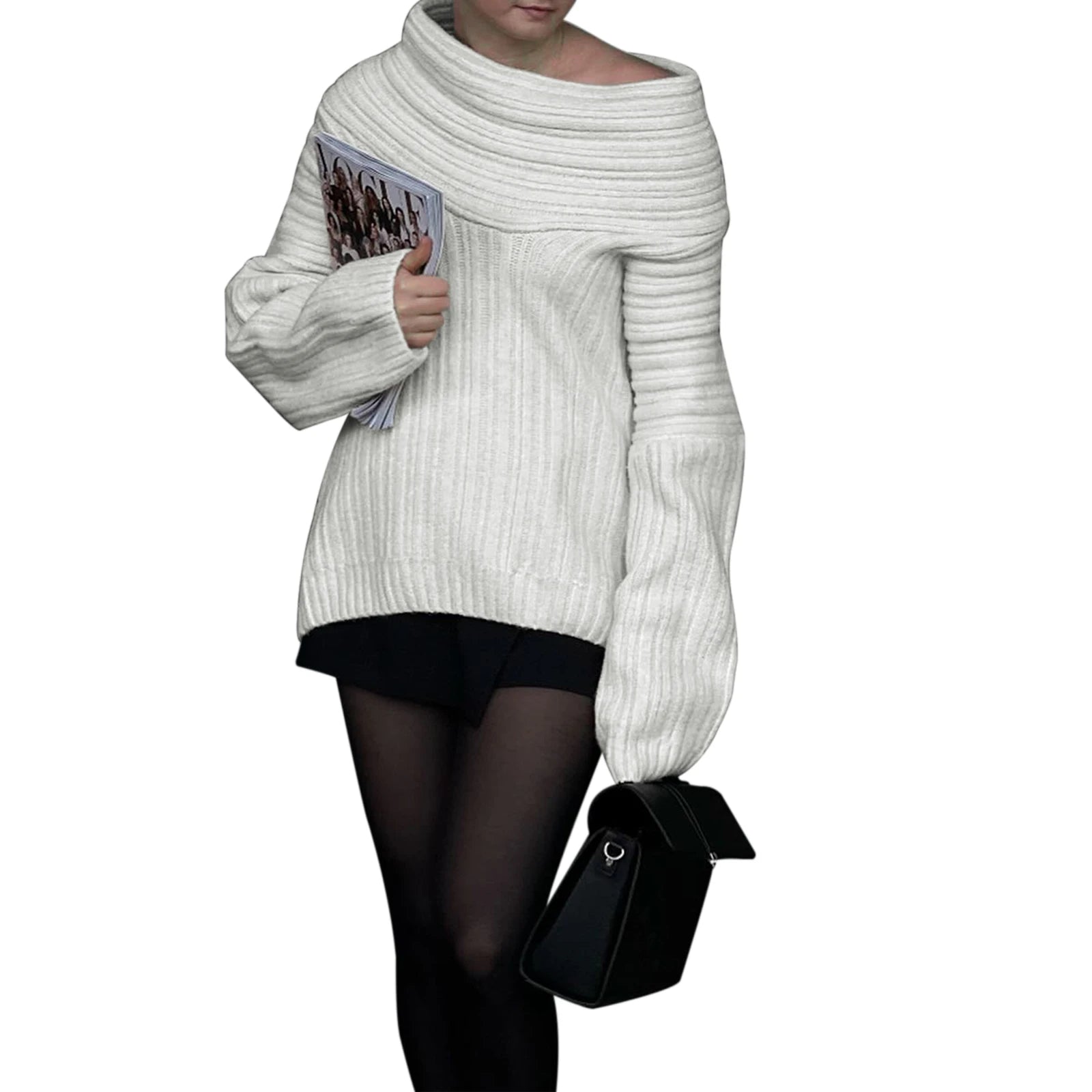 Bxoxo Women y2k Loose Knit Sweater Solid Color Long Sleeve Boat Neck Off Shoulder Pullovers Fall Winter Casual Jumpers Streetwear