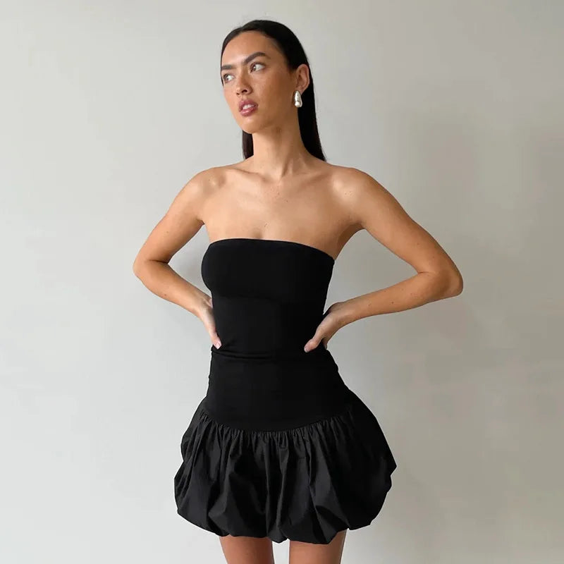 Bxoxo Contrast Color Mini Folds Dress For Women Strapless Sexy Slim Sleeveless Ruched Splice Y2K Beach Female Club Party Dress