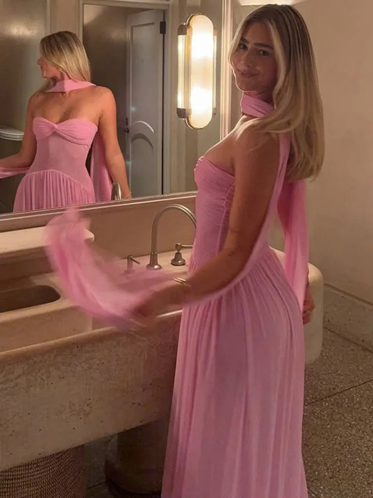 BXOXO  Scarf Collar Backless Sexy Maxi Dress For Women Gown Pink Strapless Off-shoulder Backless Mesh Long Dress Vestido