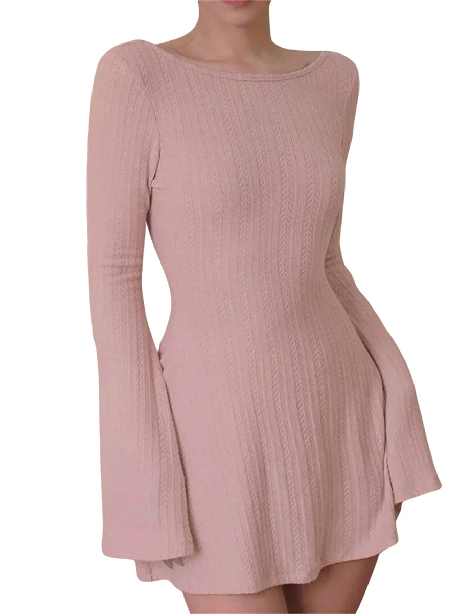 BXOXO Solid Color Ribbed Knit Sweater Dress with A-Line Swing Silhouette - Casual Long Sleeve Crewneck Bodycon Short Dress