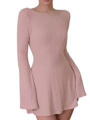 BXOXO Solid Color Ribbed Knit Sweater Dress with A-Line Swing Silhouette - Casual Long Sleeve Crewneck Bodycon Short Dress