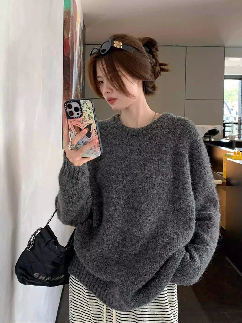 Bxoxo Streetwear Loose Gray Sweaters Women Long Sleeve Vintage Simple Knitted Pullover Korean Fall O Neck Female Retro Jumpers