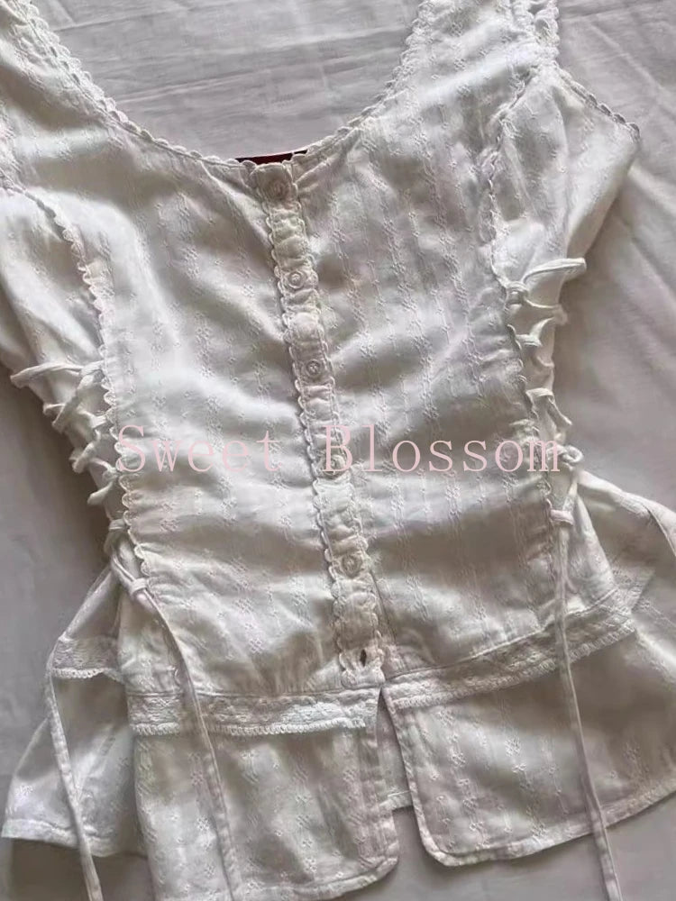 BXOXO Korean Fashion Lace Up Sweet Blouse Women Sleeveless Square Neck Slim Fit Chic Tops New Elegant Casual Y2K Harajuku Clothes 2025