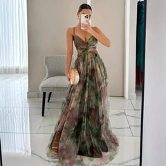 BXOXO  V-Neck Sexy Hollow Out Party Dress, Women Summer Loungewear Fashion Printing Maxi Dress, Sleeveless Lace-Up Ladies Dress Vestido