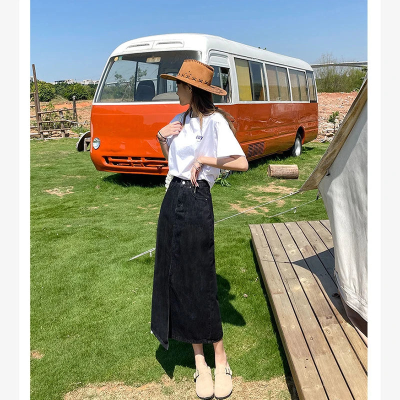 Bxoxo Vintage High Waist Women Denim Midi Skirt Summer Korean Thin Section Slit A Line Skirts Fashion Casual All Match Denim Skirts