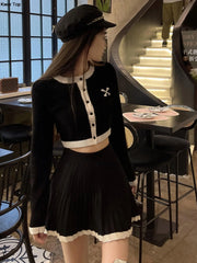 Bxoxo Autumn New Hight Waist Skirt 2 Piece Suit Korean Chic Patchwork Knitted Outfits Y2k Short Jumper Pleats Mini Skirt Set Women