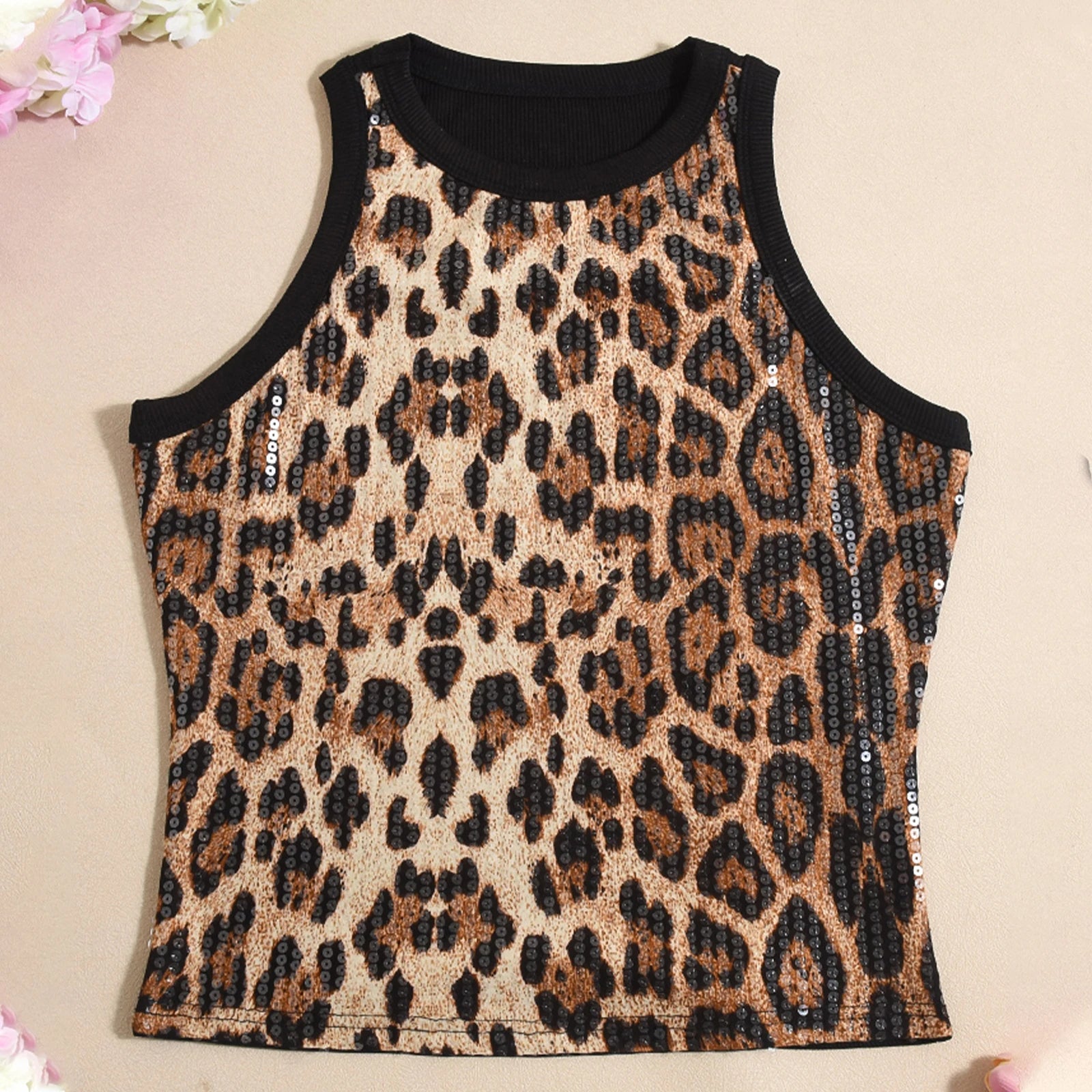 BXOXO Women's Summer Slim Fit Vest Crop Tops Sleeveless Round Neck Sequins/Leopard Print Cami Tank Tops Y2K Party Clubwear