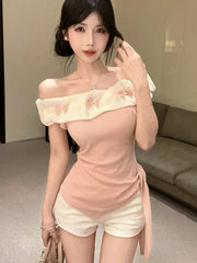 BXOXO Sexy Off Shoulder Slim T Shirt Women Elegant Fashion Slash Neck Sweet Tees Korean Lace Up Design Irregular Butterfly Tops