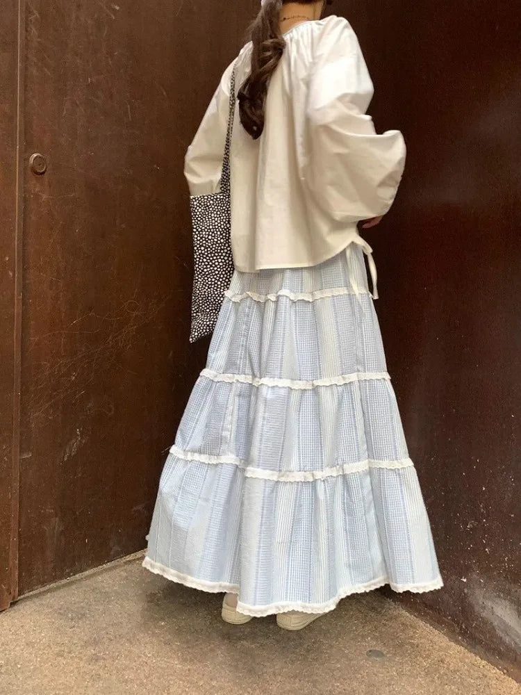 BXOXO Woman Skirts Sweet Lace Patchwork Stretch High Waist Loose Summer 2025 Fashion Plaid Cake Skirt Ladies Casual Chic