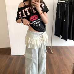 Bxoxo Korean Style Mini Skirts Women Harajuku Sweet Lace Up Short Skirts Cute High Waist Y2k Streetwear Black Ruffle Skirt