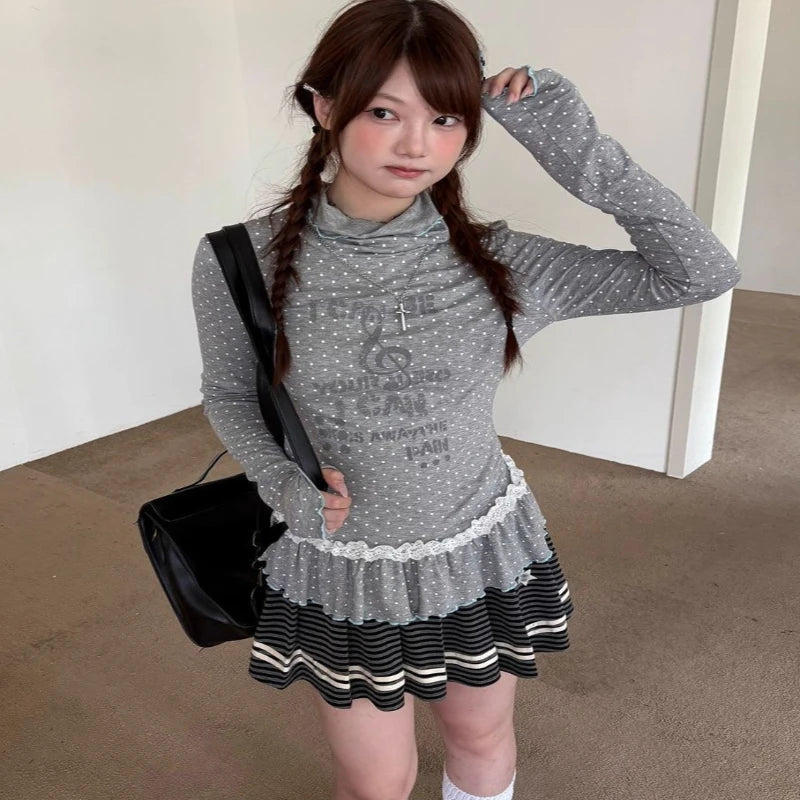 Bxoxo Korean Style Gray T-shirt Women Vintage Polka Dot Long Sleeve Tees Y2k Fashion Lace Patchwork Slim Streetwear T-shirt
