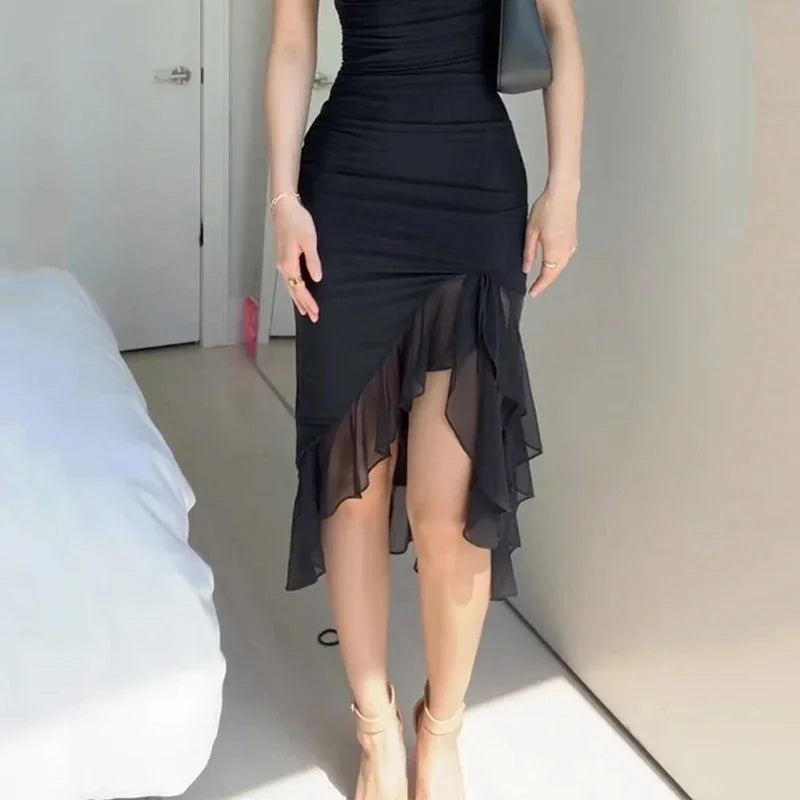 BXOXO Women Maxi Dress Summer Elegant Solid Sleeveless Nipped Waist Slim Backless Ruffled Irregular Party Dresses Streetwear