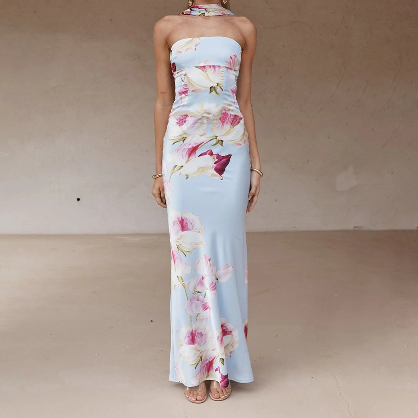 BXOXO Women Long Dress Floral Print Tube Dress Summer Fashion Backless Casual Strapless Dress with Choker Scarf