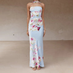 BXOXO Women Long Dress Floral Print Tube Dress Summer Fashion Backless Casual Strapless Dress with Choker Scarf