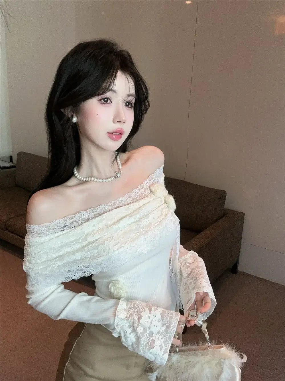 Bxoxo Fashion Slash Neck Women T Shirt Korean Elegant Lace Patchwork Flower Crop Top Sweet Slim Long Sleeve Ladies Base Tees New