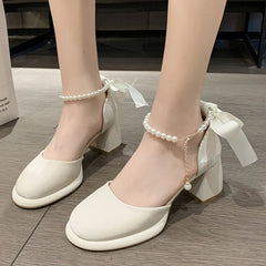 BXOXO Pearl Ankle Buckle Thick Heel Pumps Women Back Bowtie Lace Up Mary Jane Shoes Woman Autumn Platform High Heels Dress Shoes
