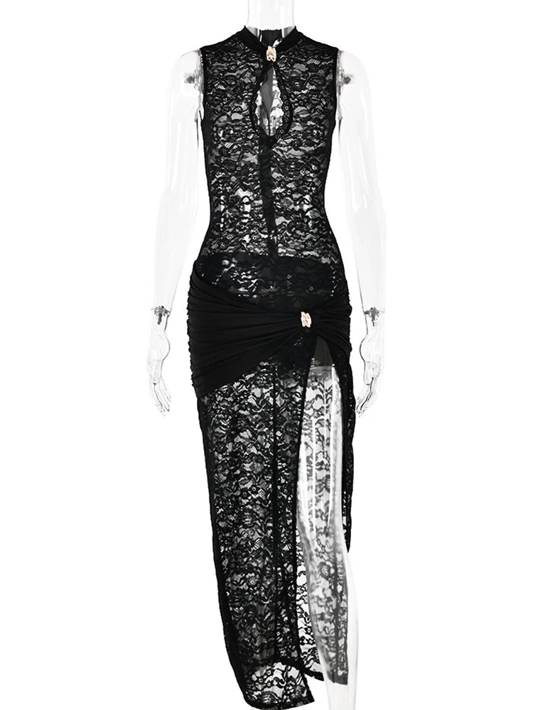 Bxoxo Black Lace Long Dress For Women Sleeveless Hollow Out High Slit Bodycon Evening Dresses Sexy Slim Party Vestidos