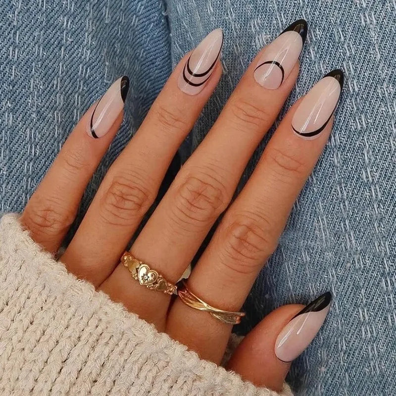 Bxoxo 24P French Oval False Nails Girls White Edge Design Nude Color Wearable Press on Nail Full Cover Short Acrylic Almond Fake Nails