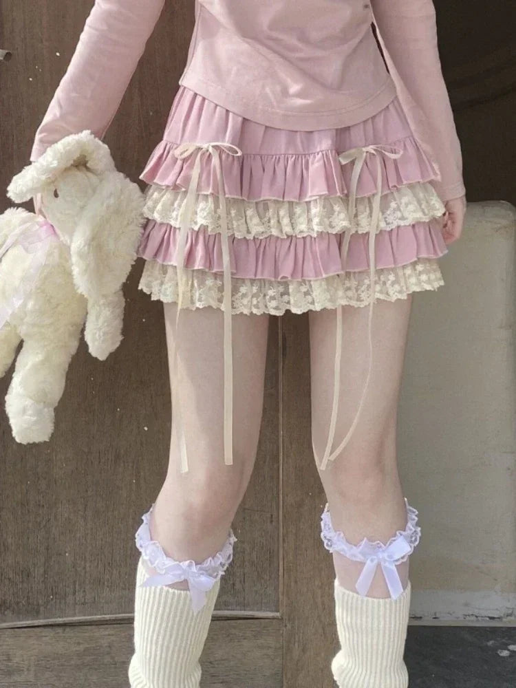 Pink Lace Sweet Lolita Cake Skirt Women A-line Japanese Kawaii Cute Skirt Female Bow Korean Elegant Fairy Skirt Autumn