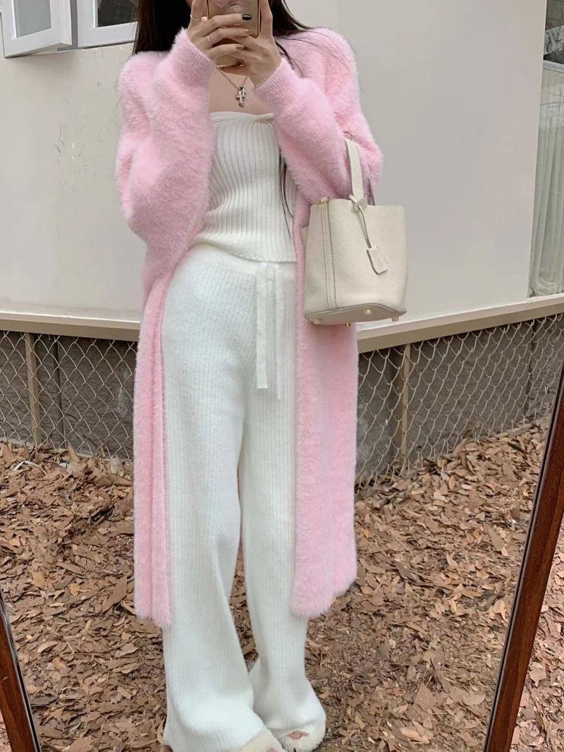Bxoxo New Imitation Mink Coat Slimming Autumn And Winter Loose Fitting Long Sweater Thickened Lazy Knitted Cardigan Jacket White