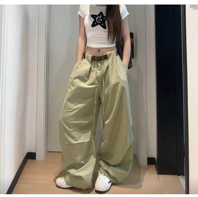 Bxoxo White Basic High Waist Wide Leg Women Pants Solid Color Korean Fashion Parachute Trousers Baggy Lace Up Youthful Summer