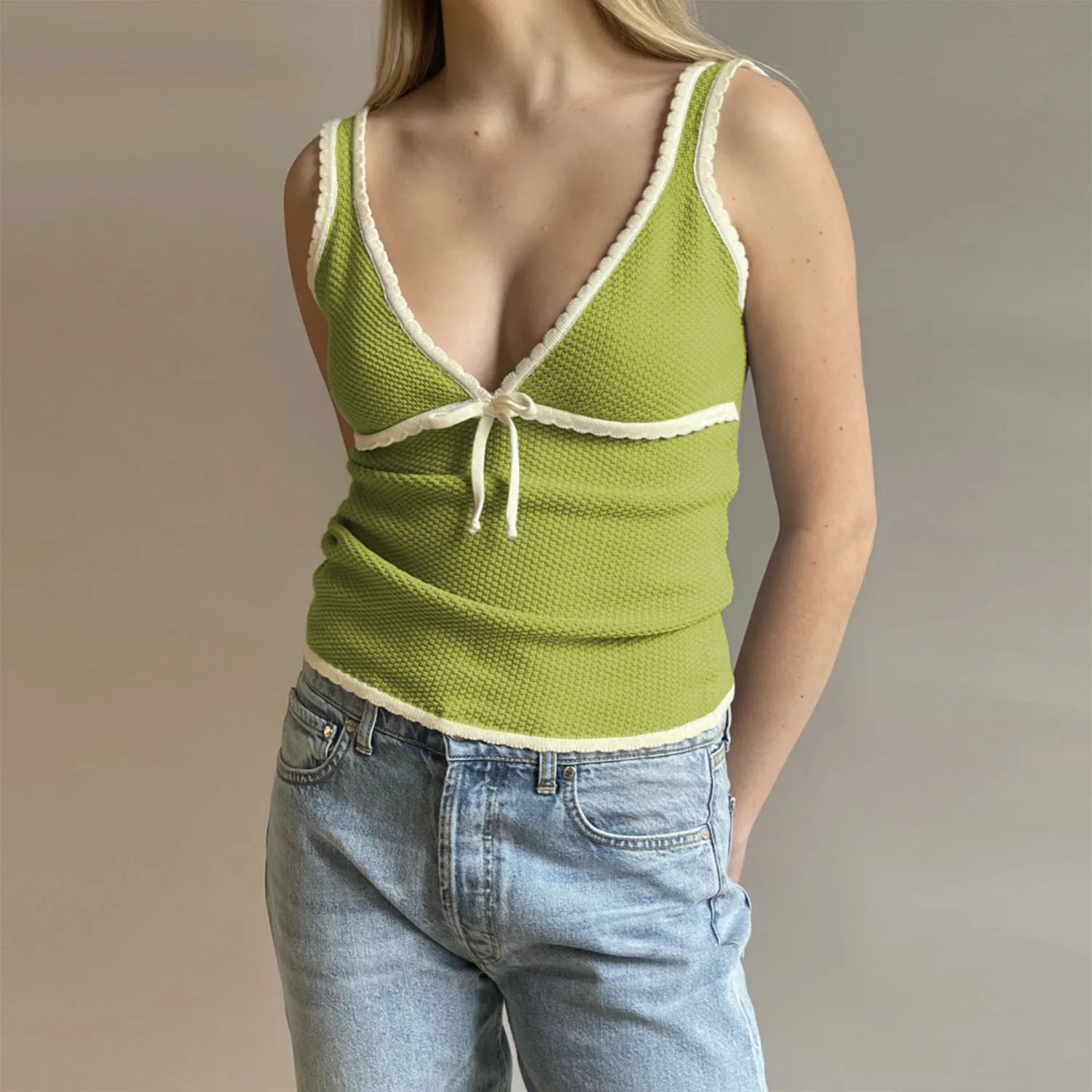 Bxoxo Knitted Deep V-neck Bow Women Crop Top Blue Patchwork Spaghetti Strap Tank Top Female Spring Slim Casual Streetwear 2024