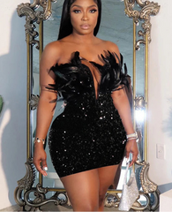 BXOXO  Luxury Birthday Women’s Feathers Sequin Strapless Deep V-neck Black Bodycon Mini Dresses Sexy Club Party Night Prom Robe