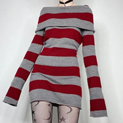 BXOXO Y2K Striped Sweater Mini Dress Mall Goth Grunge Emo Bodycon Chic Women Off Shoulder Full Sleeve Slim Fit Dresses 00s Vintage