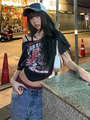 BXOXO Gothic Tee Y2k Letter Print Off Shoulder Punk T-shirts Women Harajuku Summer Streetwear Grunge T Shirt Aesthetic Sexy Crop Tops