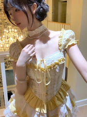 BXOXO Cute Lolita Women Mini Dress High Waist Summer Short Sleeve Japanese Dress Patchwork Lace Ladies Tunic Party Vestidos New