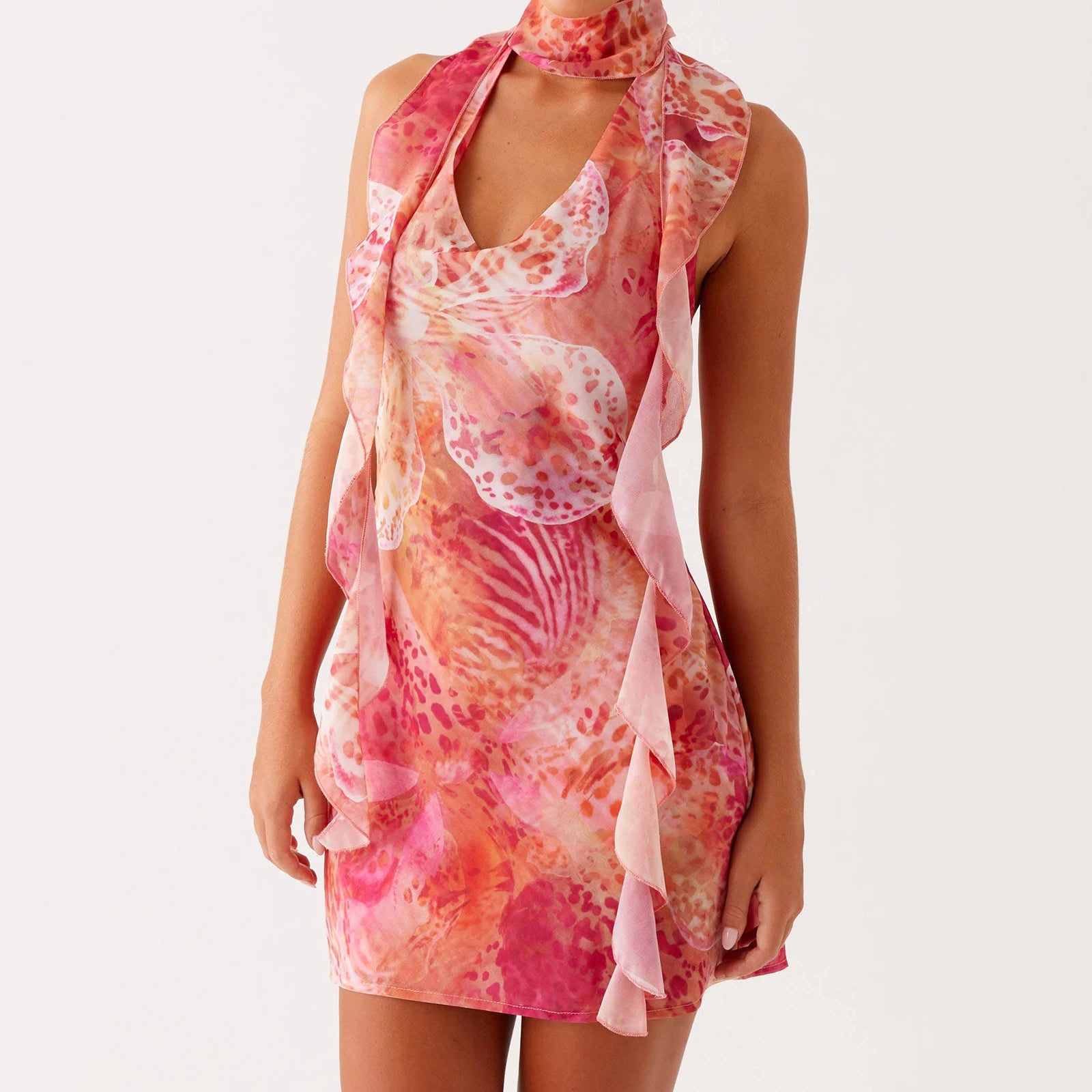 BXOXO Womens Floral Flower Print Bodycon Halter Neck Mini Dress with Scarf Y2k Corset Going Out Figure Flattering Club Party
